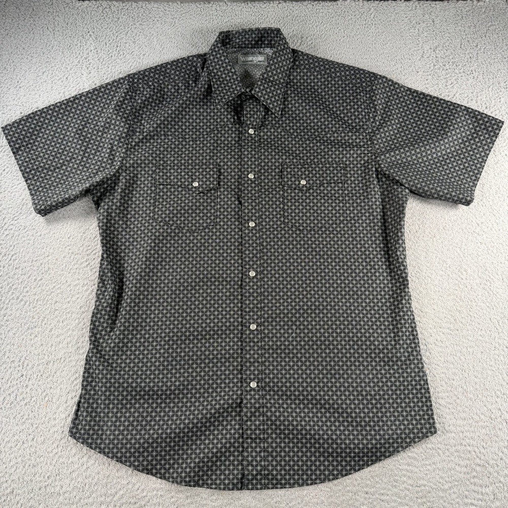 Wrangler Western Shirt Men Large Black Geometric Pearl Snap Rancher Short Sleeve